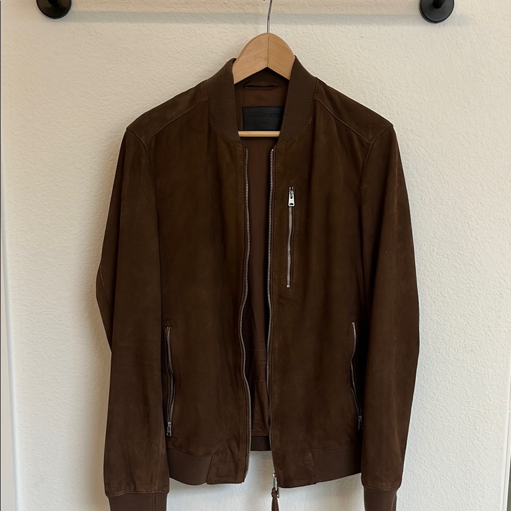 All Saints Brown Bomber Jacket with Suede Finish